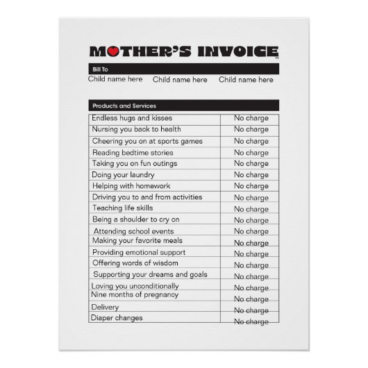 母の日の請求書のパーソナライズカスタムギフト4母 ポスター (正面)