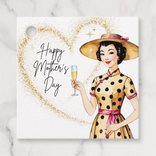 母の日の贈り物ラベル – アジアの女性と金ゴールド帽子 フェイバータグ (正面)