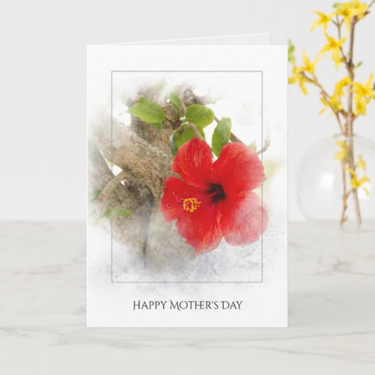 母の日の赤いハイビスカスの花の銀のフレーム カード (黄色い花)