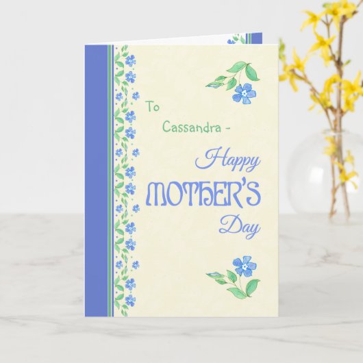 母の日の青いタマキビの花のボーダー カード (黄色い花)