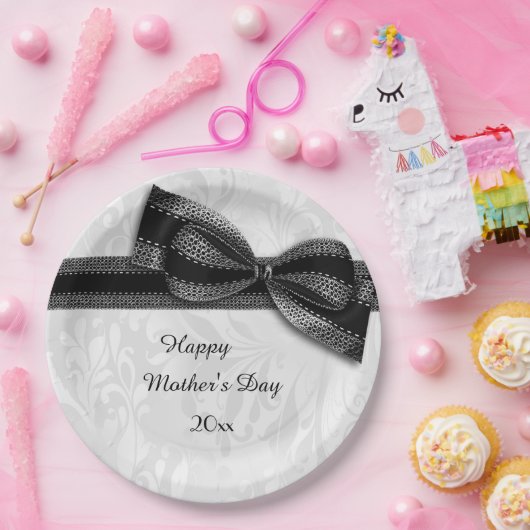 母の日の黒のダマスク織およびフェイクな弓 ペーパープレート (パーティー)