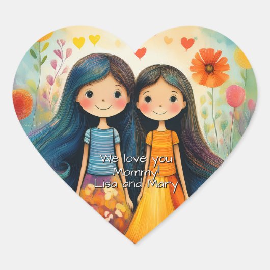 母の日の2人の女の子の気まぐれなイラスト ハートシール (正面)