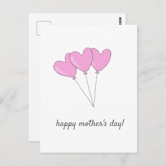 母の日を楽しむピンクのハート型バルーン ポストカード (正面/裏面)