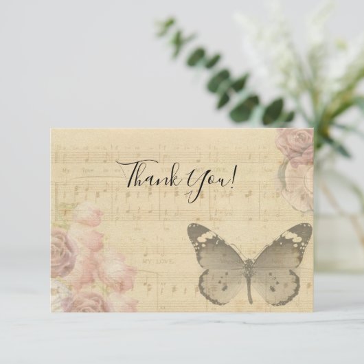 母の日オールドシートミュージックスコアバラ蝶 サンキューカード (スタンド正面)