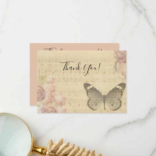 母の日オールドシートミュージックスコアバラ蝶 サンキューカード (正面/裏面インサイチュ)