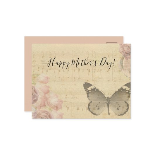 母の日オールドシートミュージックスコアバラ蝶 シーズンポストカード (正面/裏面インサイチュ)
