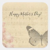 母の日オールドシートミュージックスコアバラ蝶 スクエアシール (正面)