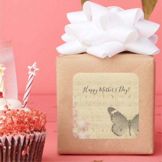 母の日オールドシートミュージックスコアバラ蝶 スクエアシール (パーティー)