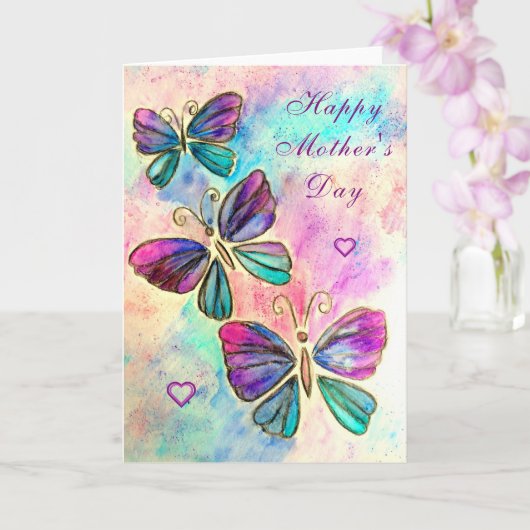母の日カードパープルピンク蝶飛んでいる カード (蘭)