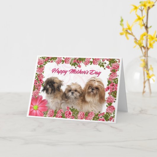 母の日カード-シーズー(犬)のTzu犬-ピンクの花柄 カード (黄色い花)