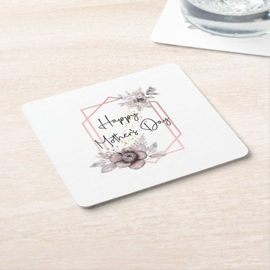 母の日グレイエレガントピンクフローラ スクエアペーパーコースター (アングル)