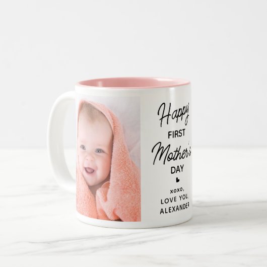 母の日パーソナライズされた2フォトピンク ツートーンマグカップ (正面左)