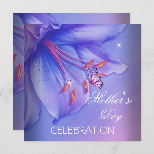母の日パープルピンク薄紫蝶の花 招待状 (正面/裏面)