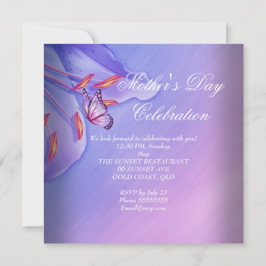 母の日パープルピンク薄紫蝶の花 招待状 (裏面)