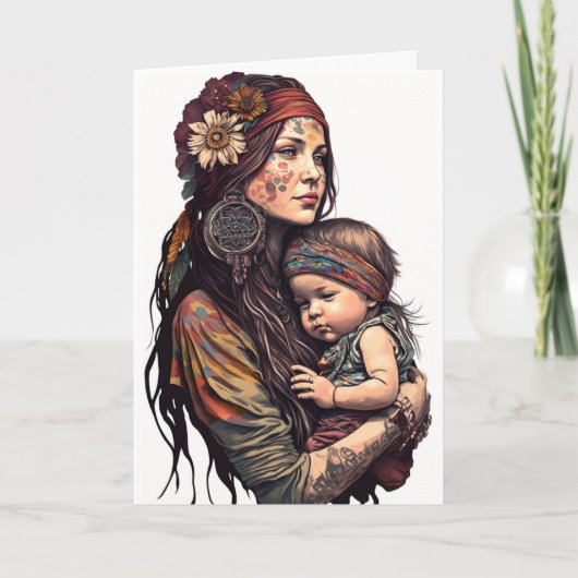 母の日ヒッピー母と娘 カード (正面)