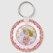 母の日ピンクかわいらしの緑の星のカスタム写真 キーホルダー (正面)