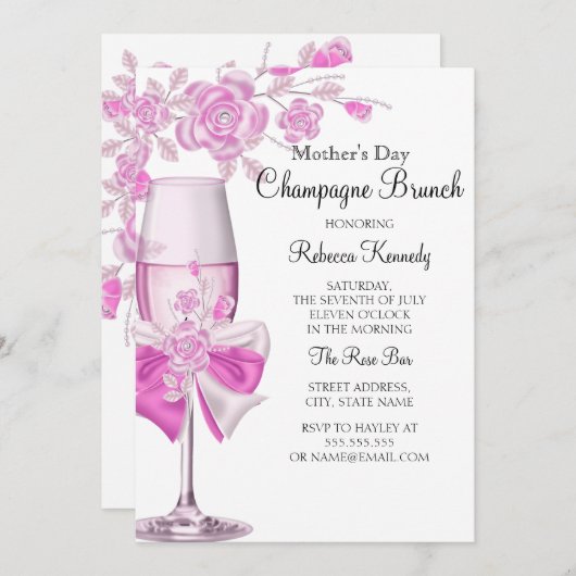 母の日ピンクかわいらしローズシャンパンブランチ2 招待状 (正面/裏面)