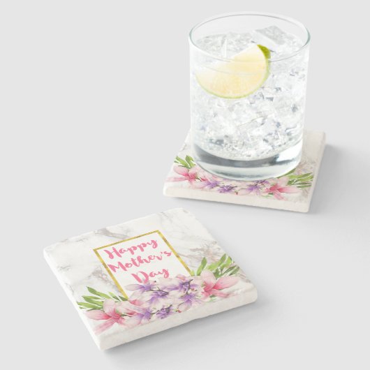 母の日ピンクと紫の水色マグノリアス ストーンコースター (横)