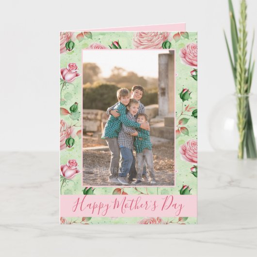 母の日ピンクと緑のフローラプリント写真 カード (正面)