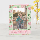 母の日ピンクと緑のフローラプリント写真 カード (黄色い花)