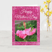 母の日ピンクのグリッターハイビスカスフラワーフォト カード (黄色い花)