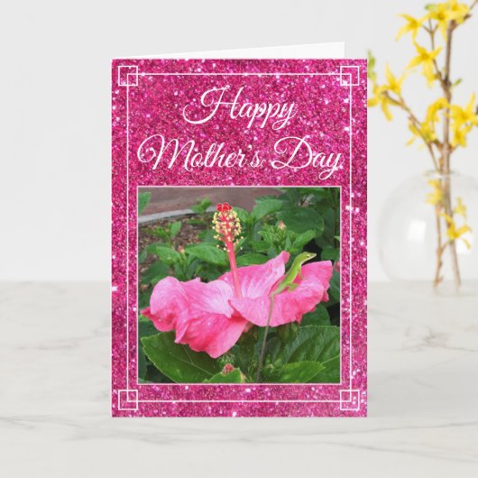 母の日ピンクのグリッターハイビスカスフラワーフォト カード (黄色い花)