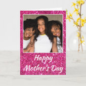 母の日ピンクのグリッター大切な家族写真 カード (黄色い花)