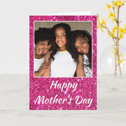 母の日ピンクのグリッター大切な家族写真 カード (黄色い花)