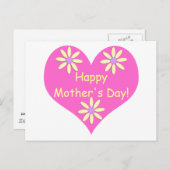 母の日ピンクのハートと黄色の花 ポストカード (正面/裏面)