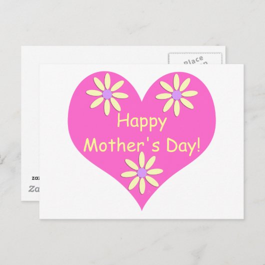 母の日ピンクのハートと黄色の花 ポストカード (正面/裏面)