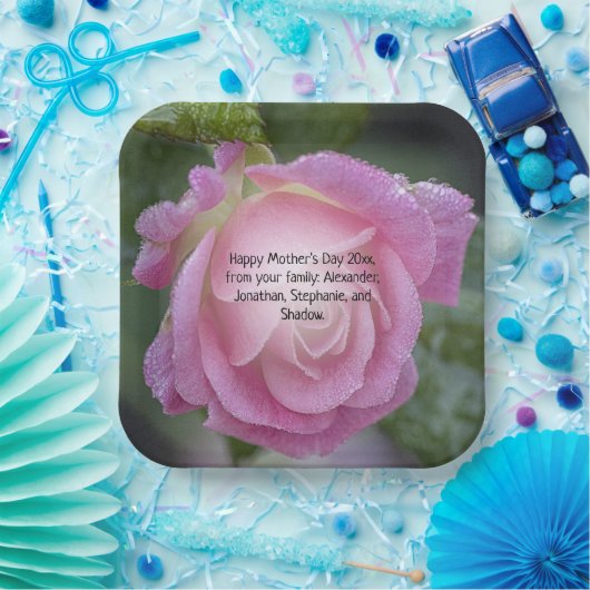 母の日ピンクのバラ露ドロップフローラ写真 ペーパープレート (パーティー)