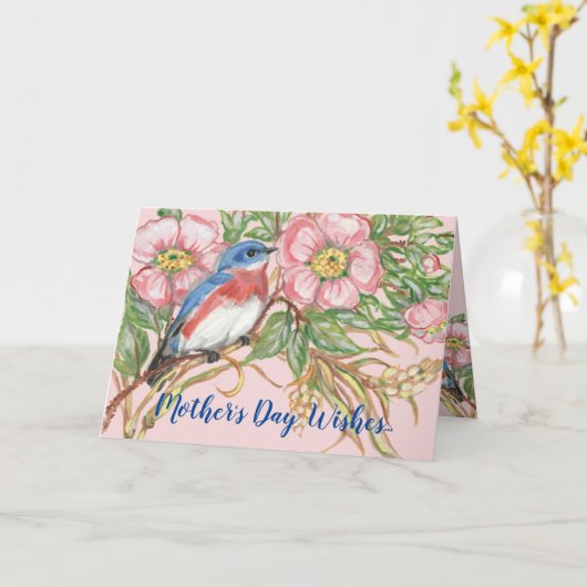 母の日ピンクの水色バラフローラブルーバード カード (黄色い花)