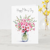 母の日ピンクの花の花束とベビー足 カード (黄色い花)