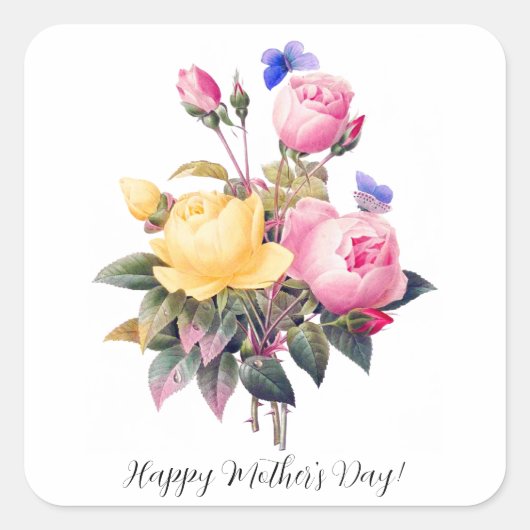 母の日ピンクイエローローズパープルバタフライ スクエアシール (正面)