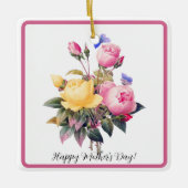 母の日ピンクイエローローズパープルバタフライ セラミックオーナメント (正面)