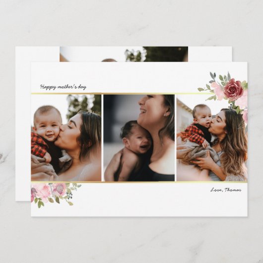 母の日フォトコラージュフローラ赤面金ゴールド シーズンカード (正面/裏面)