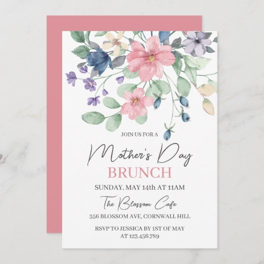 母の日ブランチピンクベリーウォーター色フローラ 招待状 (正面/裏面)