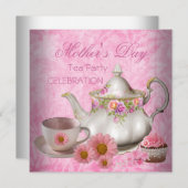 母の日ホワイトピンクフローラティーカップケーキ 招待状 (正面/裏面)