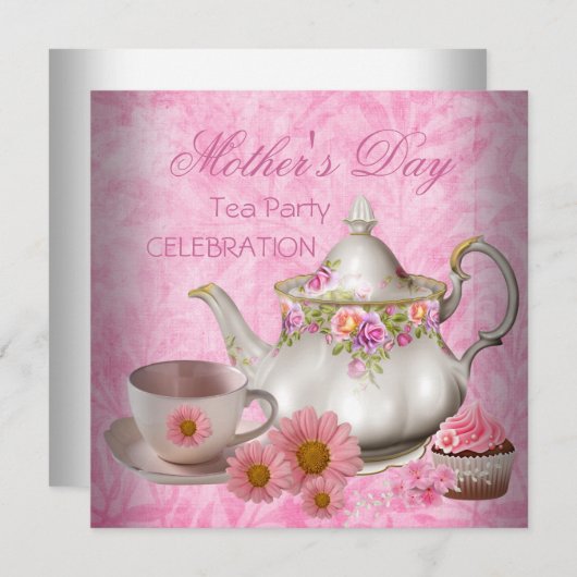 母の日ホワイトピンクフローラティーカップケーキ 招待状 (正面/裏面)