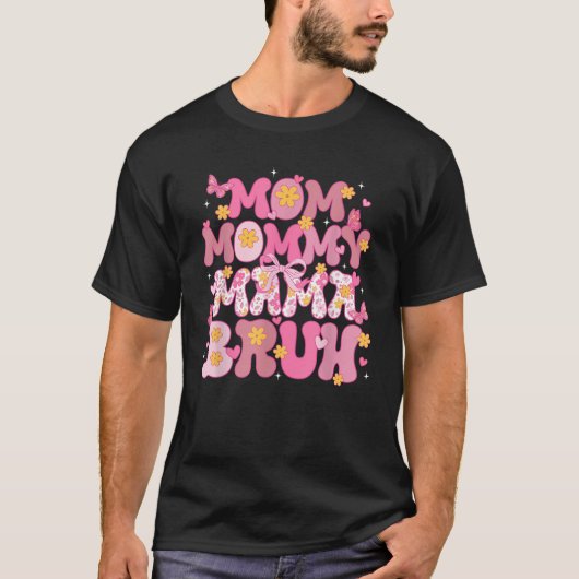 母の日ママ母ママ母ブルピンクコケットボウ Tシャツ (正面)