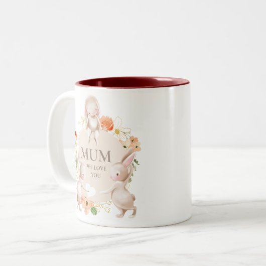母の日ママ私たちはあなたを愛するバニーウサギフローラ ツートーンマグカップ (正面左)
