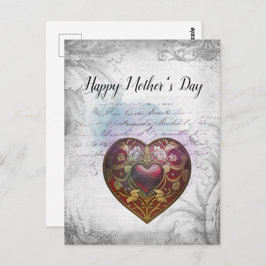 母の日ミックスメディアハートデザイン ポストカード (正面/裏面)
