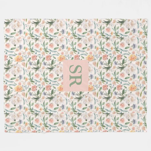 母の日モノグラム水カラーフローラ植物学 フリースブランケット (正面(横))
