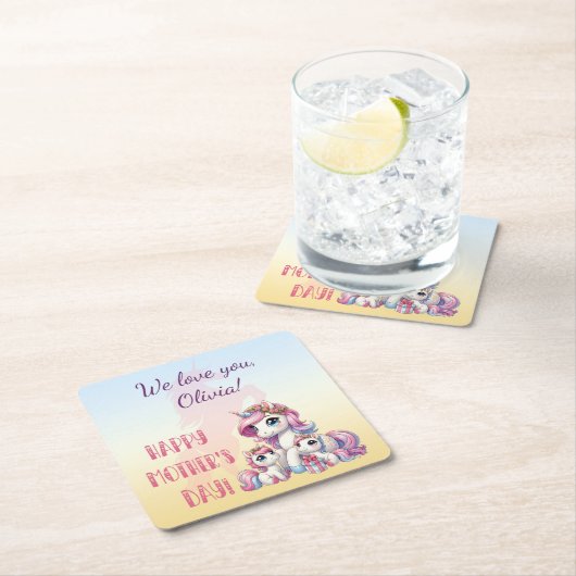 母の日ユニコーンをテーマにしたパーティー スクエアペーパーコースター (インサイチュ)