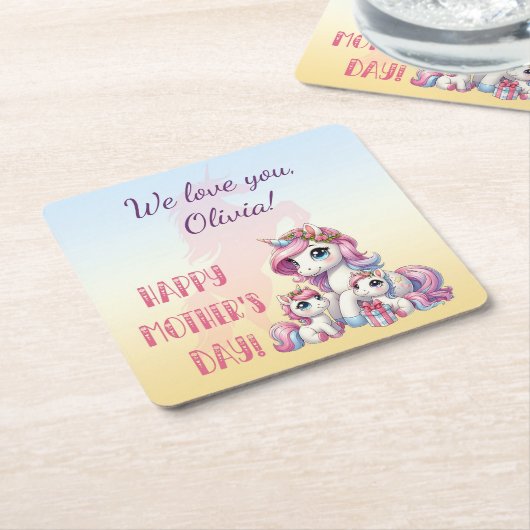 母の日ユニコーンをテーマにしたパーティー スクエアペーパーコースター (アングル)