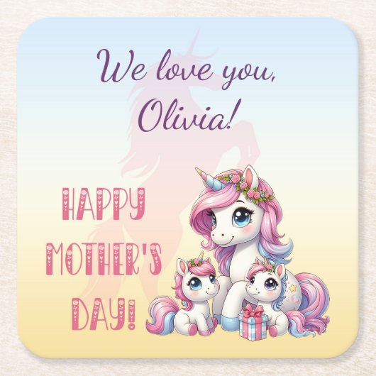 母の日ユニコーンをテーマにしたパーティー スクエアペーパーコースター (正面)