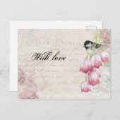 母の日ヴィンテージポスト郵便ピンクチューリップ鳥 ポストカード (正面/裏面)