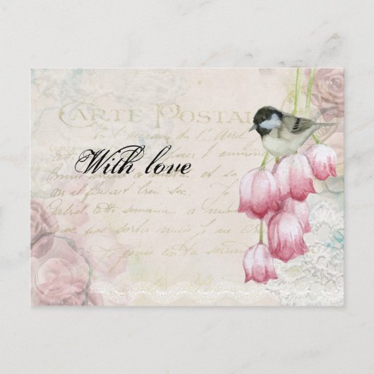 母の日ヴィンテージポスト郵便ピンクチューリップ鳥 ポストカード (正面)