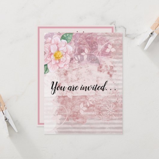 母の日ヴィンテージ動揺してピンク緑の花 招待状 (正面/裏面インサイチュ)