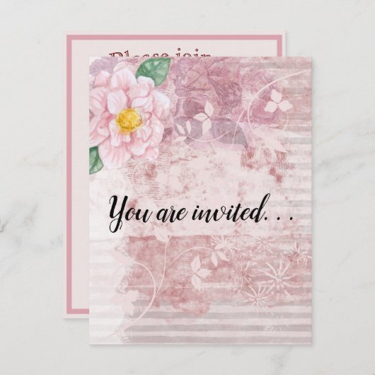 母の日ヴィンテージ動揺してピンク緑の花 招待状 (正面/裏面)